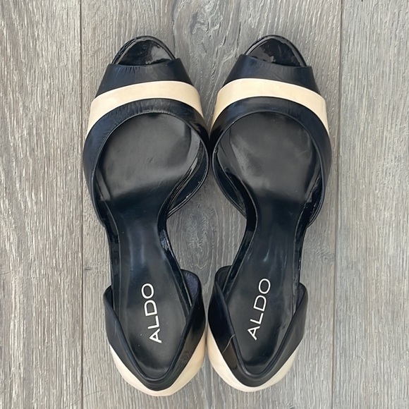 Aldo Black and Cream Stripe Peep Toe Stiletto-39(8.5) - Picture 3 of 12